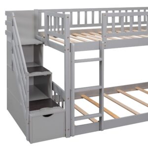 Harper & Bright Designs Low Bunk Bed with Slide and Stairs, Twin Over Twin Wooden Bunk Bed Frame with Storage, for Kids Girls Boys - Gray