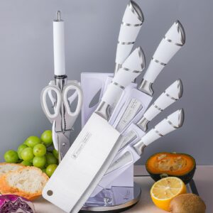 9Pcs White Kitchen Knife Set, DUFEIMOY Chef Knife Set Professional, Stainless Steel Knife Block Set with Scissors, Peeler and Knife Sharpener Rod for Cooking Meat Cutting