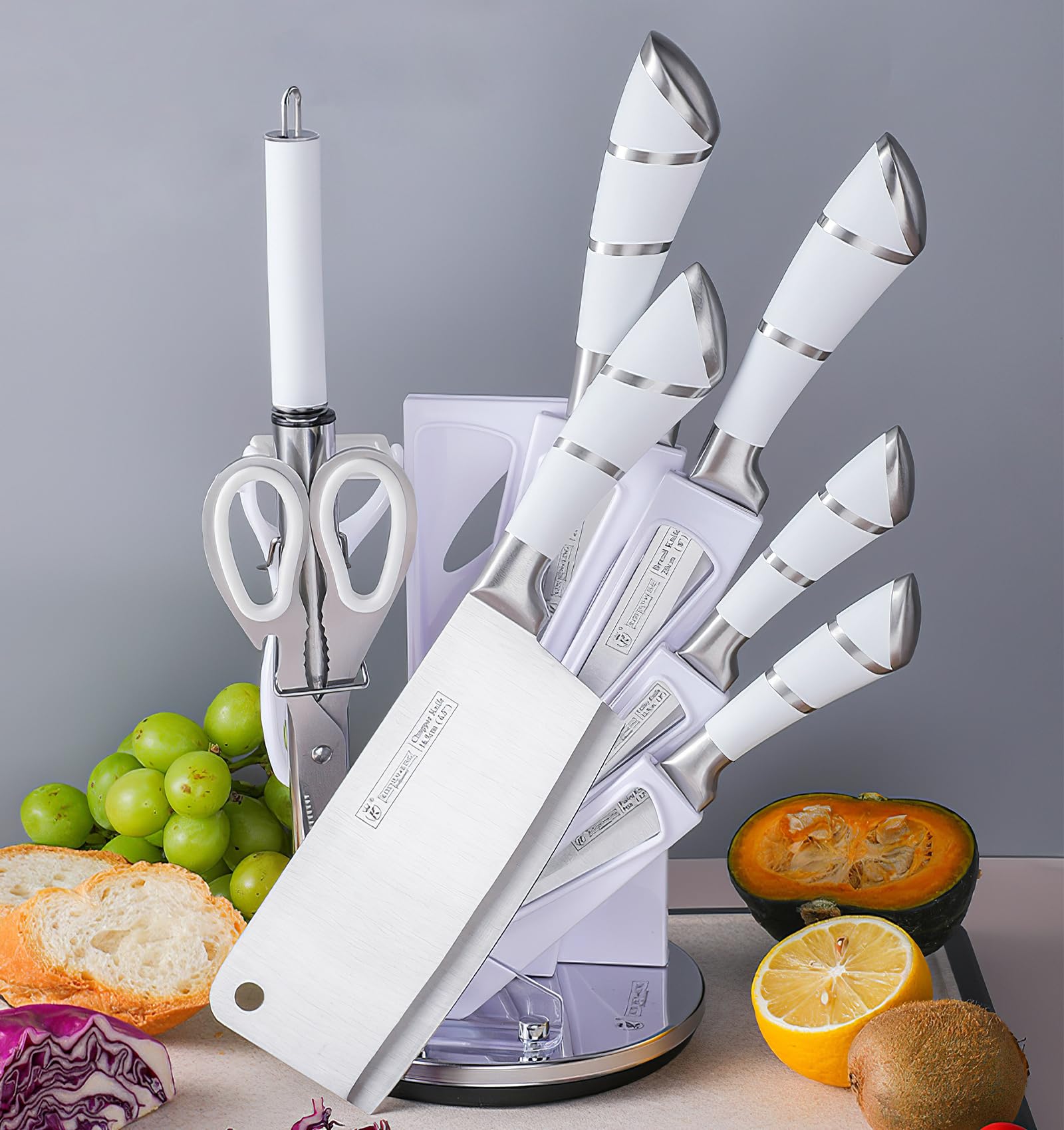 9Pcs White Kitchen Knife Set, DUFEIMOY Chef Knife Set Professional, Stainless Steel Knife Block Set with Scissors, Peeler and Knife Sharpener Rod for Cooking Meat Cutting