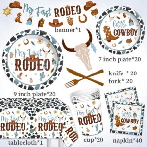 My First Rodeo Birthday Party Supplies Boy-142Pcs Western Cowboy Tableware 1st Rodeo Birthday Party Decorations Blue My First Rodeo Baby Shower Dinnerware for Boy