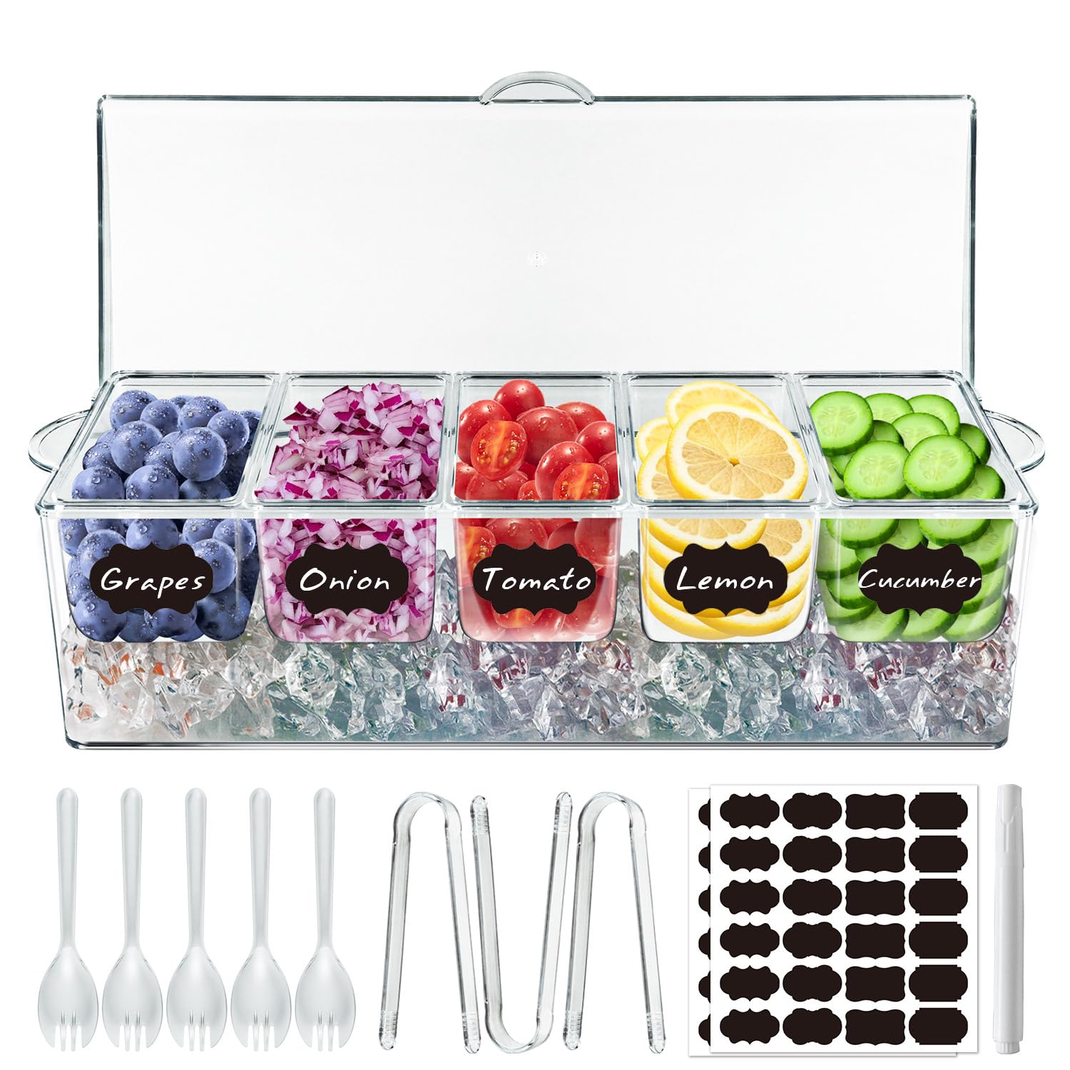 MHEOMTME Chilled Condiment Server Tray, Bar Fruit Caddy with Lid and 5 Removable Compartments, Clear Ice Condiment Serving Tray for Party, Toppings Bar Container, Garnish