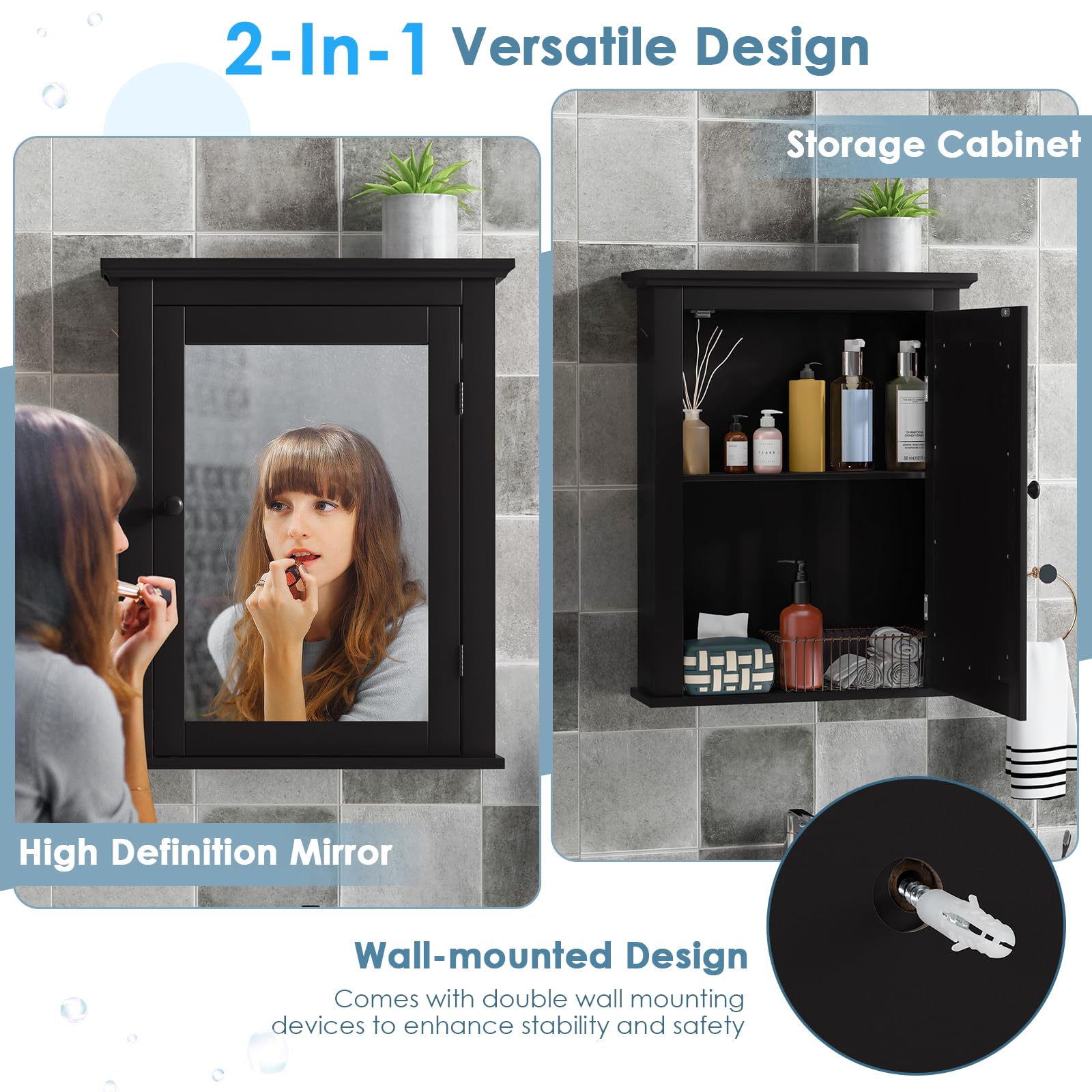 COSTWAY Bathroom Medicine Cabinet with Mirror, Wall-Mounted Storage Cabinet Organizer with 5-Position Adjustable Shelf, Hanging Bathroom Wall Cabinet for Living Room Bedroom Entryway (Black)