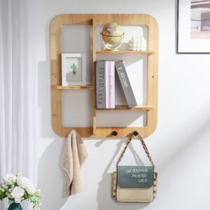 proman products fiji wall mounted bamboo floating shelves, book shelves, storage shelves organizer with hooks clothes hat bag for living room, bathroom, entryway (natural)