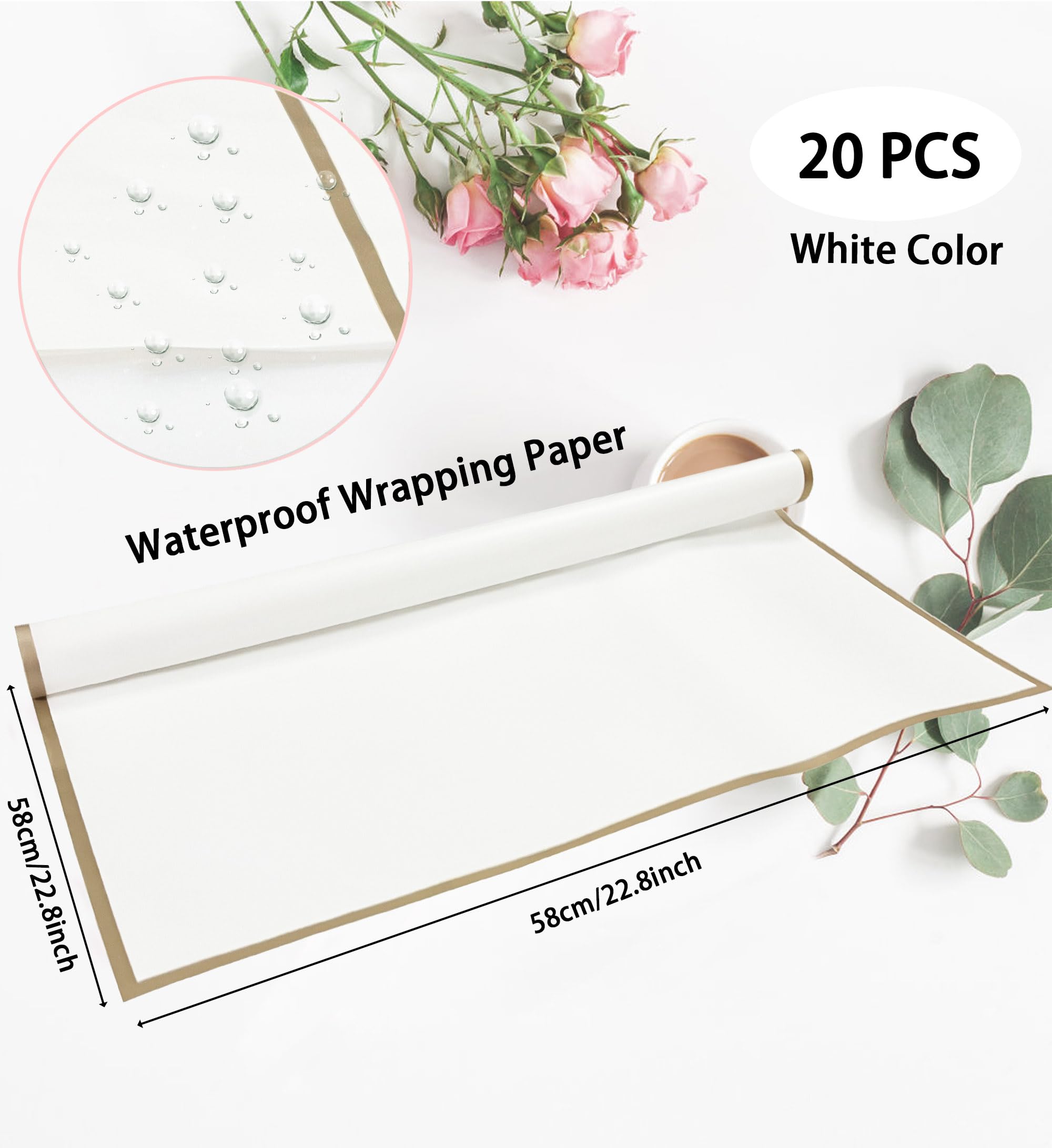 Unarty 20 Sheets White Flower Wrapping Paper, Waterproof Bouquet Wrapping Paper with Gold Edge, Floral Wrapping Paper Florist Bouquet Supplies for Flower Shop 22.8 x 22.8 Inch