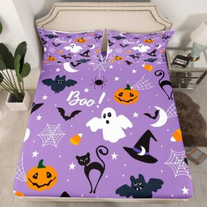 gothic spooky bedding set pumpkin lantern kawaii cute bed sheets for kids boys teens,ghost spiderwebs fitted sheet black cat cobwebs bats halloween decoration twin size purple