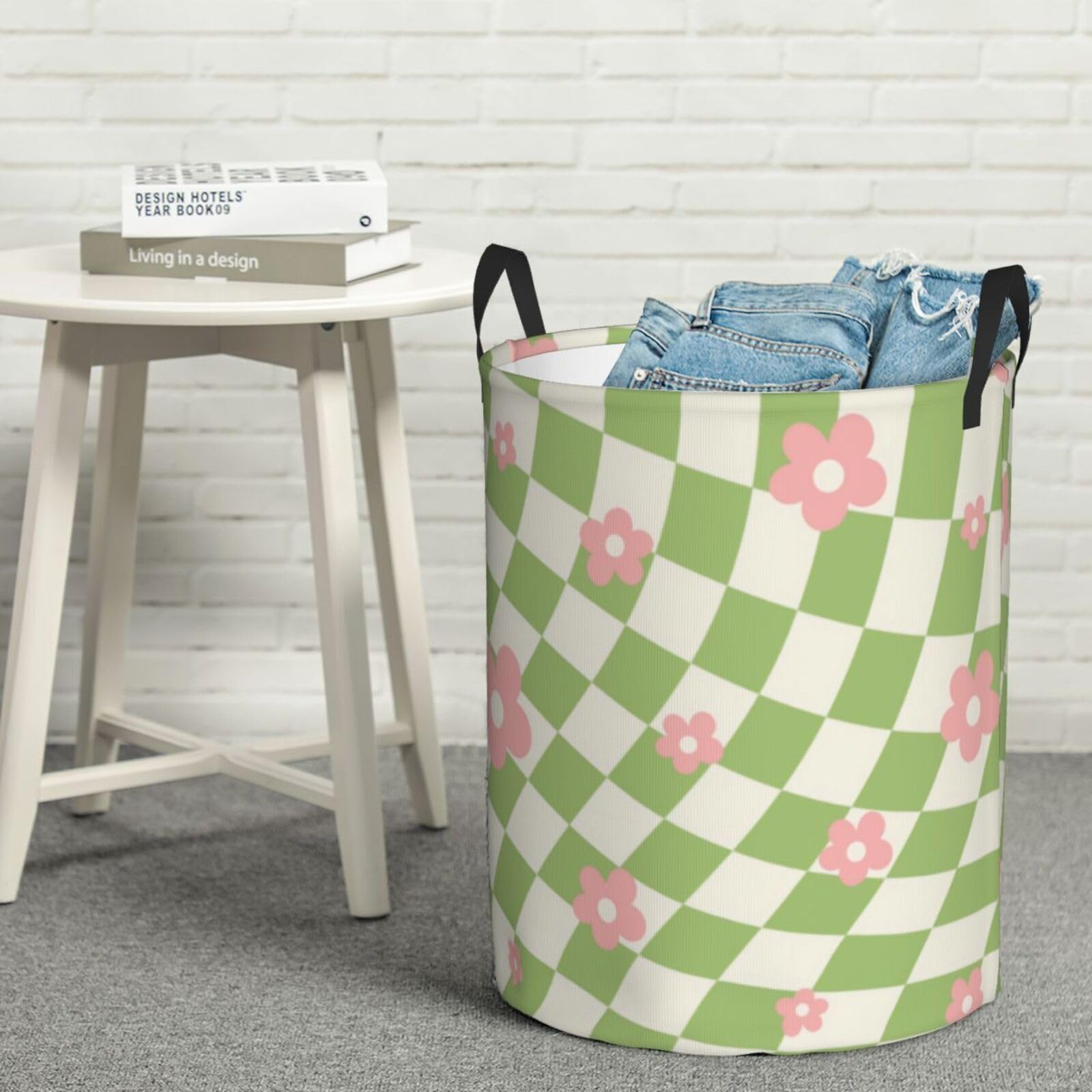 Green Pink Checkered Floral Laundry Basket Waterproof Collapsible Round Laundry Hamper Toys Clothes Organizer Gift Basket For Room Small