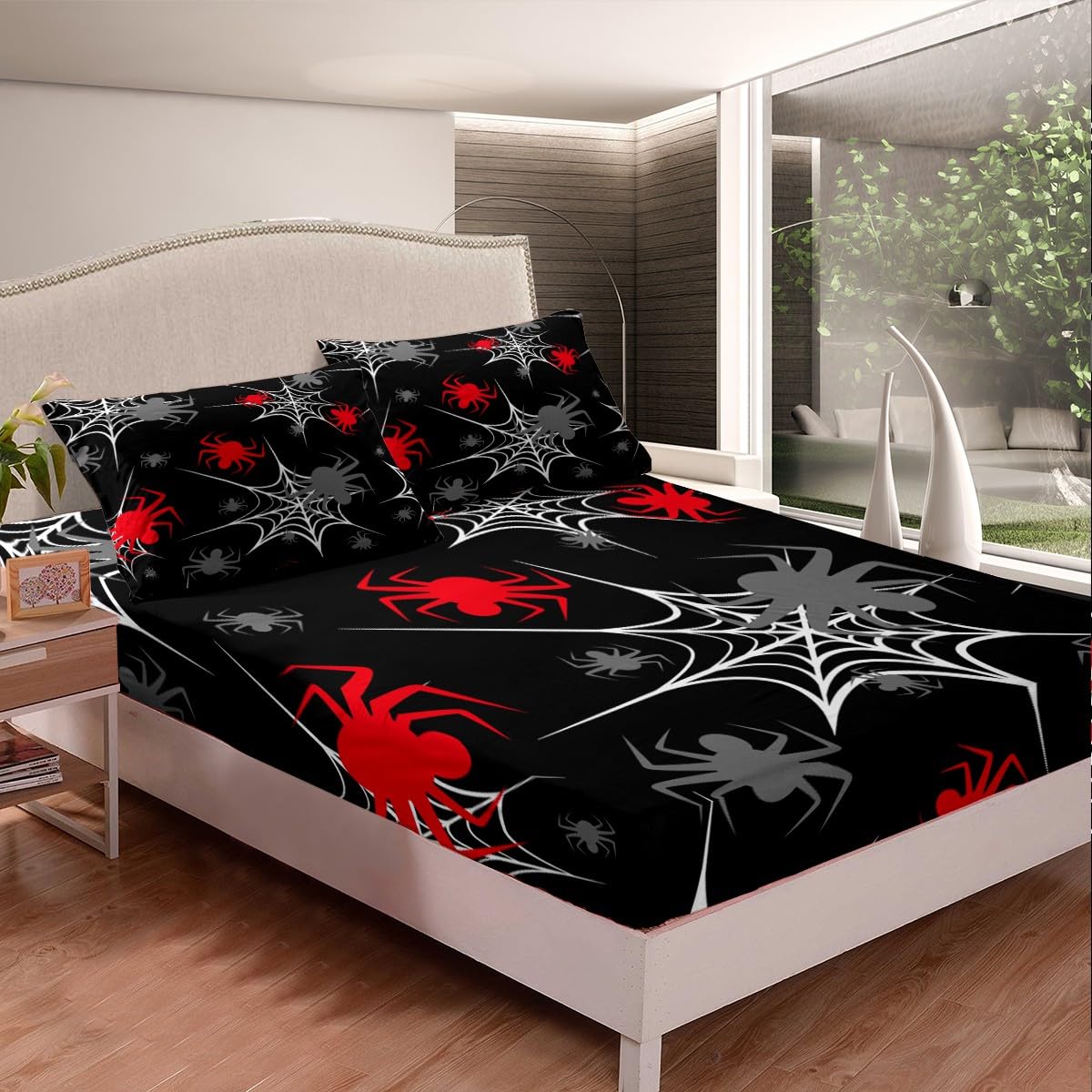 Red Black White Cobweb Sheet Set Full Size, Scary Halloween Decorations Bed Sheets Set Scary Spider Sheets with Deep Pocket Fitted Sheet Kids Toddler Red Black Gray Animal Bedding Set 4Pcs