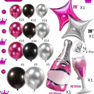 Chrome Hot Pink Black silver Balloon garland kit 126Ppcs with champagne glass and large star balloons for women 21/30th Birthday Mother's Day anniversary 2024 graduations Prom Party Decorations