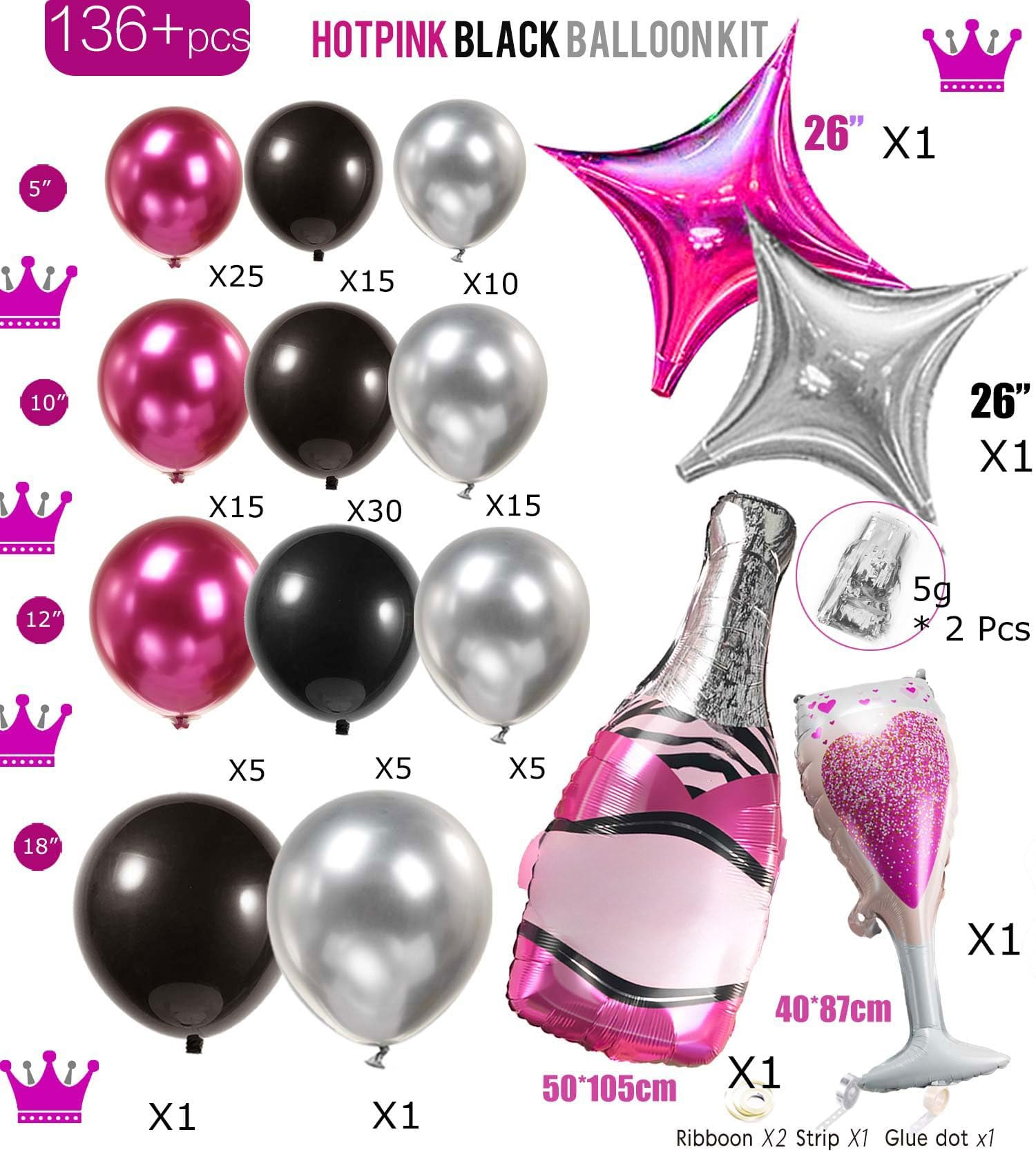 Chrome Hot Pink Black silver Balloon garland kit 126Ppcs with champagne glass and large star balloons for women 21/30th Birthday Mother's Day anniversary 2024 graduations Prom Party Decorations