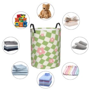 Green Pink Checkered Floral Laundry Basket Waterproof Collapsible Round Laundry Hamper Toys Clothes Organizer Gift Basket For Room Small