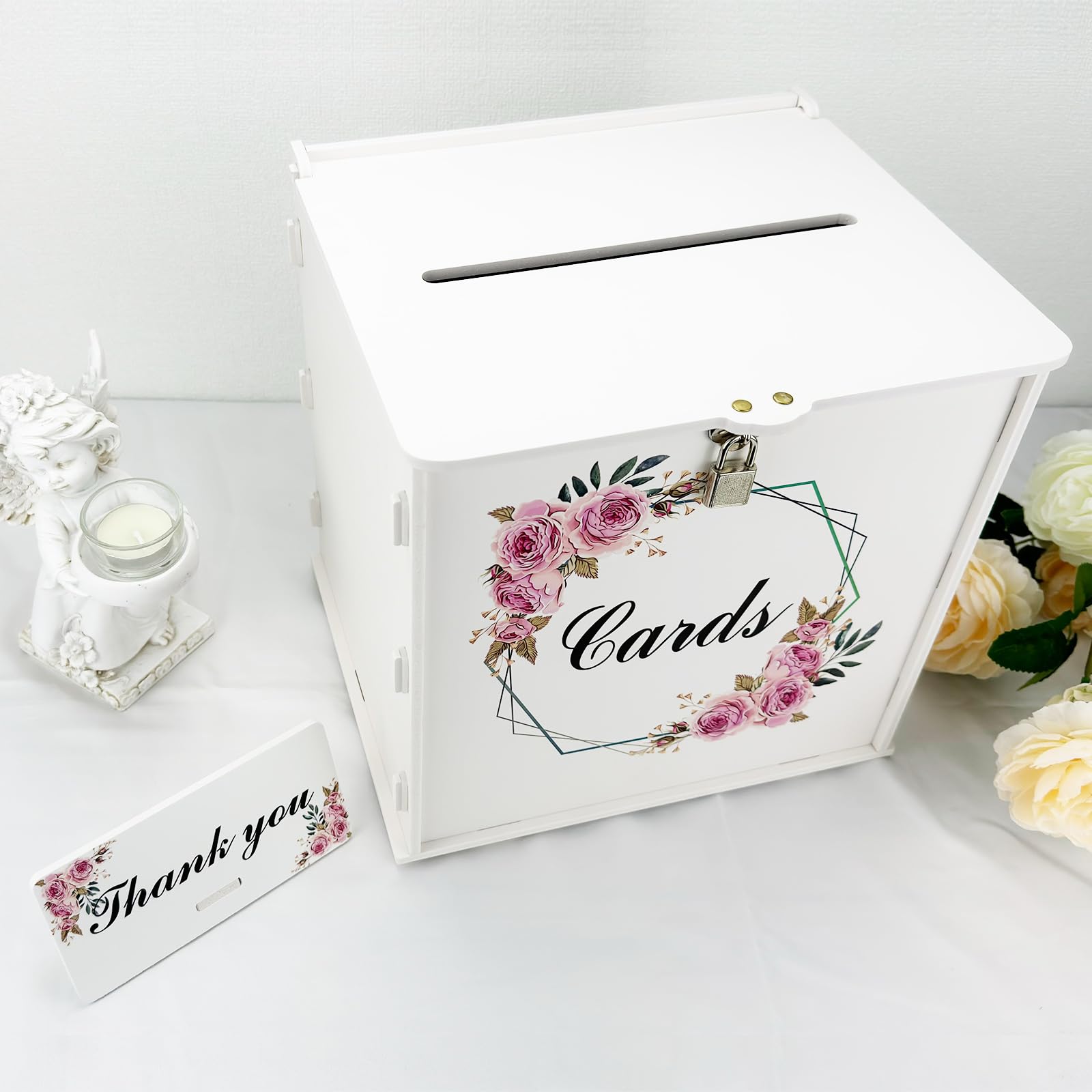 FCDECOR White Wedding Card Box with Lock, Gift Wedding Card Boxes for Reception Money Holder with Rose Sign for Wedding Decorations, Baby Showers, Birthdays, Bridal or Graduation Party Supplies