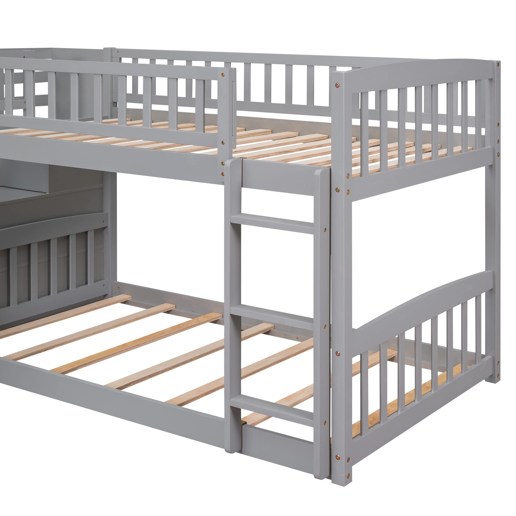 Harper & Bright Designs Low Bunk Bed with Slide and Stairs, Twin Over Twin Wooden Bunk Bed Frame with Storage, for Kids Girls Boys - Gray