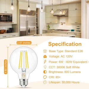 hansang 8 Pack G25 LED Edison Globe Light Bulbs, 3000K Soft White, E26 Base Round Light Bulbs for Bathroom Vanity, 6W 60W Incandescent Equivalent, CRI 85+, 600LM, AC 120V, Clear Glass, Non-dimmable