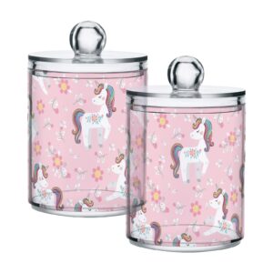 sdmka 2 pack apothecary jars bathroom white unicorn pink qtip holder dispenser clear plastic storage canister jar with lid for cotton ball, cotton swab