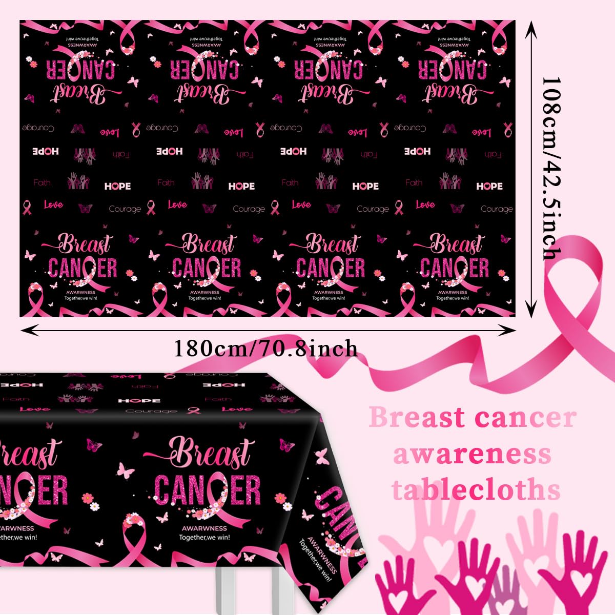 3Pcs Breast Cancer Awareness Tablecloths-Hope Love Cure Decorations Pink Ribbon Disposable Rectangle Plastic Table Covers Women Pink Black Breast Cancer Party Supplies