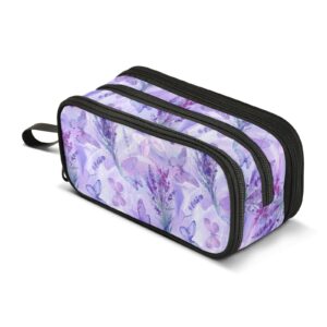 alaza purple butterfly lavender flowers pencil case large capacity,pencil pouch office college large storage pen bag 3 compartment pencil cases for women adults teen