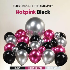 Chrome Hot Pink Black silver Balloon garland kit 126Ppcs with champagne glass and large star balloons for women 21/30th Birthday Mother's Day anniversary 2024 graduations Prom Party Decorations