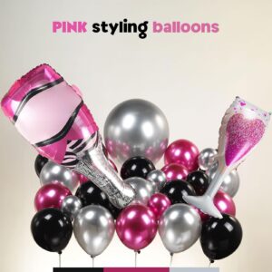 Chrome Hot Pink Black silver Balloon garland kit 126Ppcs with champagne glass and large star balloons for women 21/30th Birthday Mother's Day anniversary 2024 graduations Prom Party Decorations