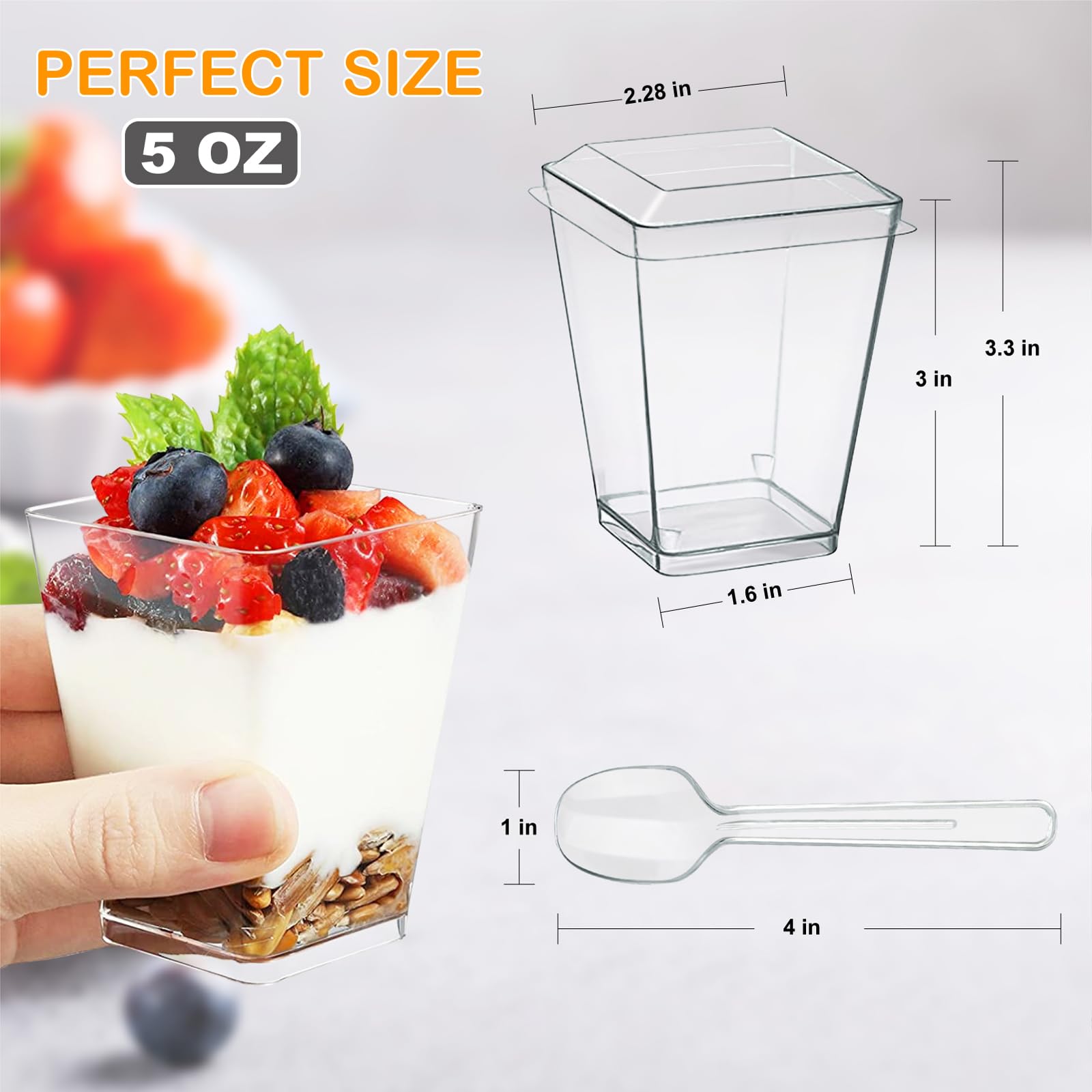 SEANSDA 5oz Plastic Dessert Cups with Lids and Spoons, Clear Yogurt Parfait Cups with Lids, Mini Dessert Cups with Spoons, Small Square Appetizer Cups for Fruit Party Pudding Shooter - 20 Pack