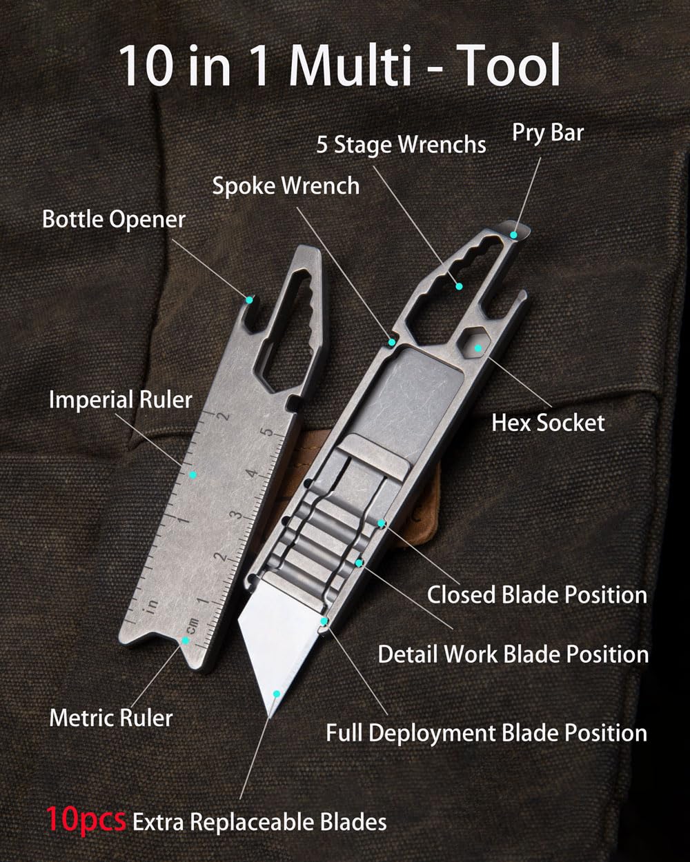 Tenchilon T394 Utility Knife, 10-in-1 Multi-Tool Retractable Pocket Knife, 3.94 inches Titanium Handle with Pry Bar, 10pcs Extra Replaceable SK5 Blades, Keychain Carry Box Cardboard Cutter EDC Knives