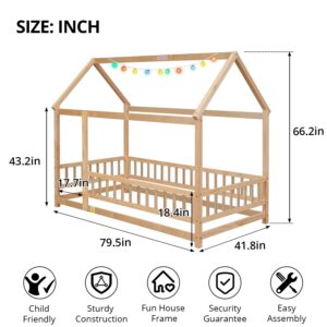 LLS Twin Size House Bed for Children Solid Wood Floor Bed Frame with Fence Guardrails and Roof Montessori Bed Playhouse Bed for Children Girls and Boys, Natural(No Bed Slats)