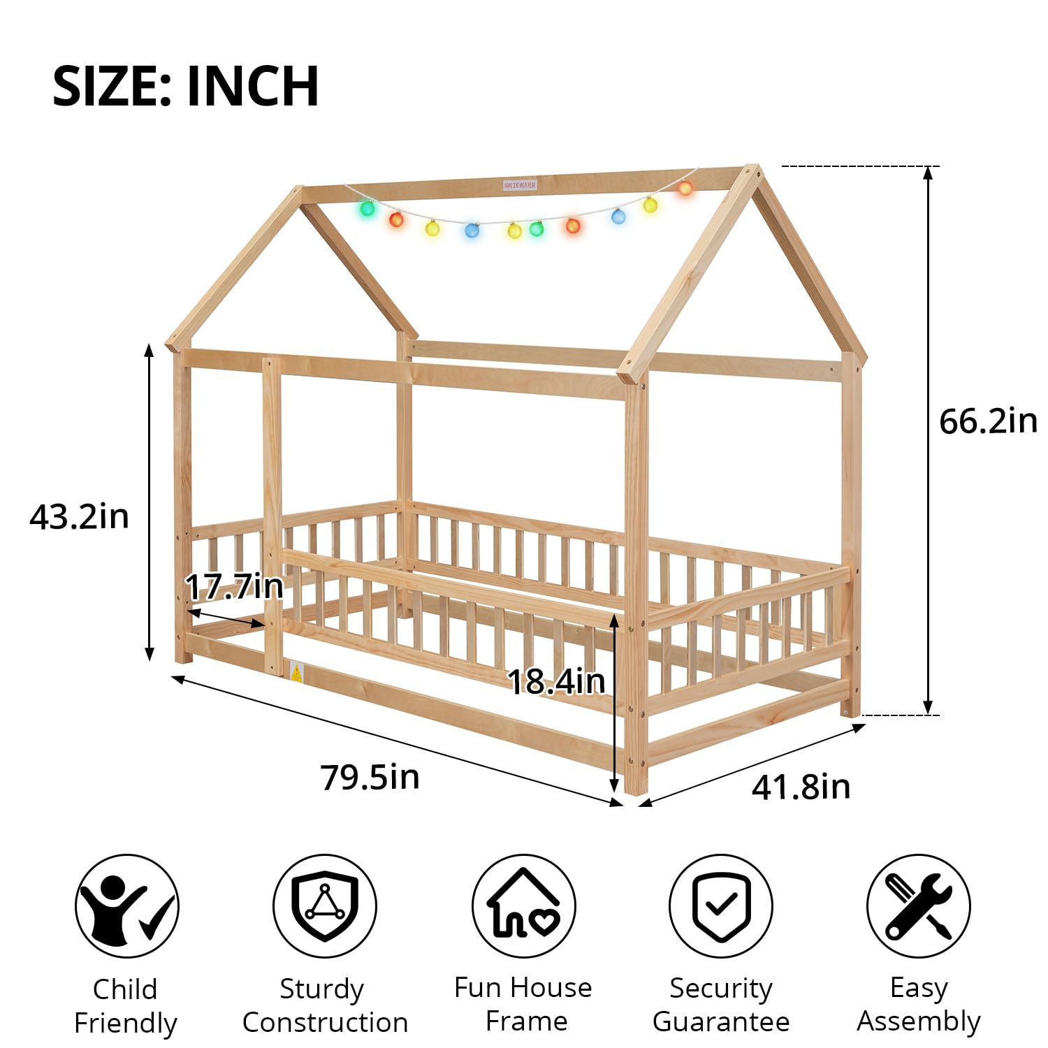 LLS Twin Size House Bed for Children Solid Wood Floor Bed Frame with Fence Guardrails and Roof Montessori Bed Playhouse Bed for Children Girls and Boys, Natural(No Bed Slats)