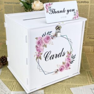 fcdecor white wedding card box with lock, gift wedding card boxes for reception money holder with rose sign for wedding decorations, baby showers, birthdays, bridal or graduation party supplies