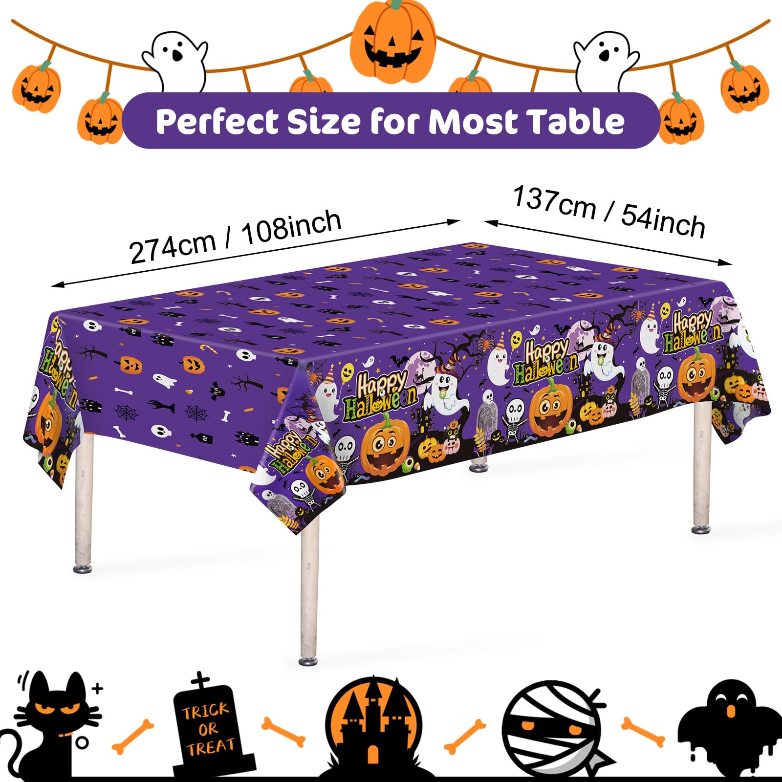 3 Pcs Happy Halloween Tablecloth - Halloween Cute Pumpkin Ghost Plastic Table Cloth Disposable Rectangular Purple Table Covers for Halloween Table Decorations Party Supplies Decor, 108 x 54 Inch