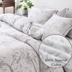 ALEISSEL 100% Natural Cotton 3pcs Floral Duvet Cover Sets-Grayish White Duvet Cover with Gray Luxurious Flowers & Branches Pattern,Botanical Comforter Cover Sets with Button Closure(King,Botanical