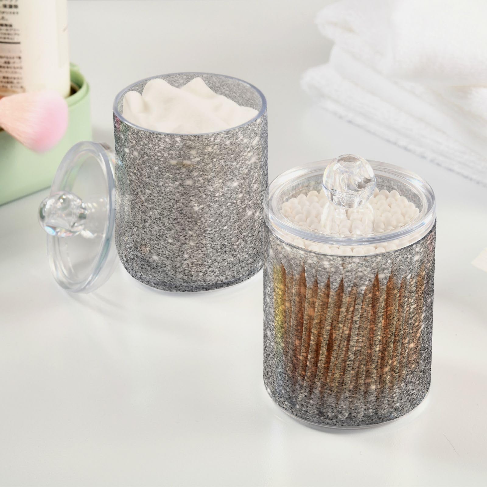 Silver White Glitter Qtip Holder Dispenser Flash Gradient Sparkle Bathroom Canister Storage Organization 2 Pack Clear Plastic Apothecary Jars with Lids Vanity Makeup Organizer For Cotton Swab Ball F