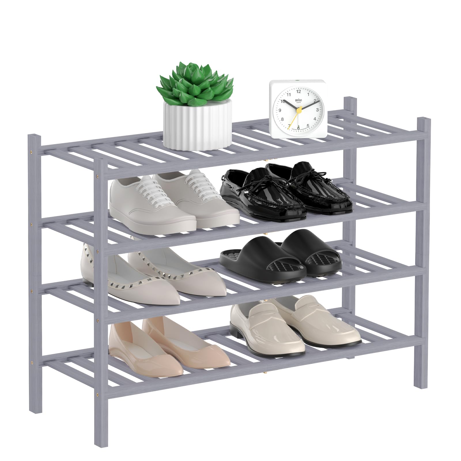 RONGJIA 4-Tier Natural Bamboo Shoe Rack - Stackable Storage Shelf with Multi-Function Combinations - Free Standing Shoe Racks for Convenient Shoe Organization（Gray） 11" D x 27" W x 28" H