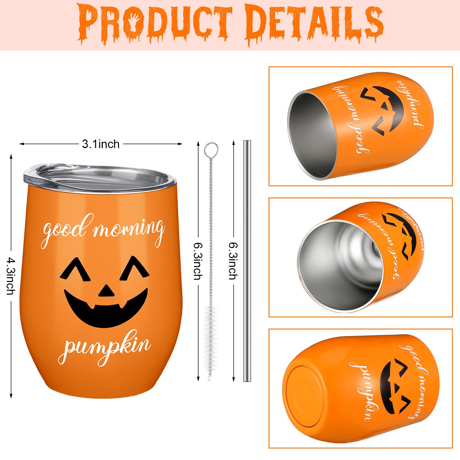 Suttmin 2 Sets Halloween Insulated Wine Tumbler Good Morning Pumpkin Cute Holiday Drink Cup Stainless Steel Insulated Tumbler with Lid, Straw and Brush for Hot and Cold Drinks Birthday Gift, 12 oz