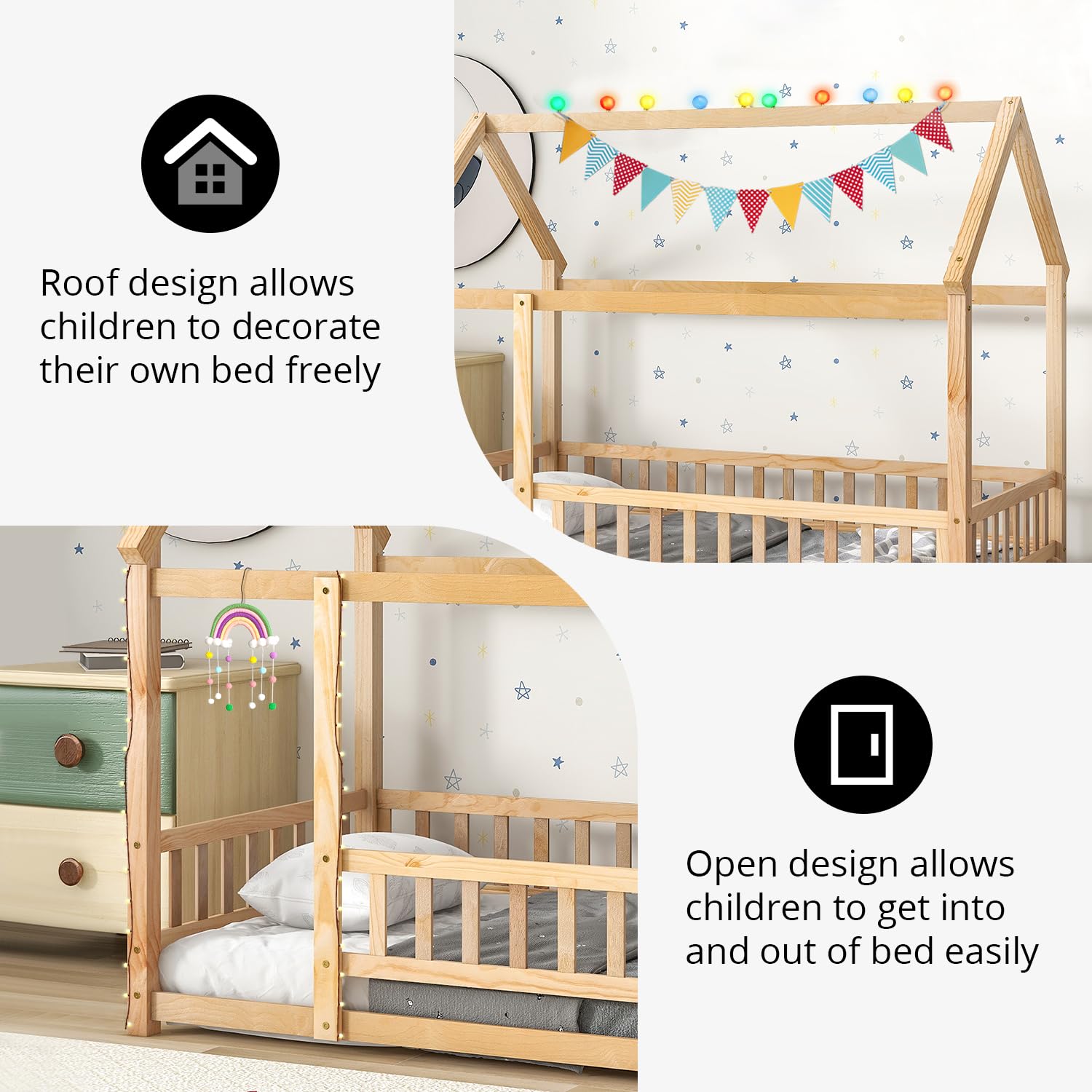 LLS Twin Size House Bed for Children Solid Wood Floor Bed Frame with Fence Guardrails and Roof Montessori Bed Playhouse Bed for Children Girls and Boys, Natural(No Bed Slats)