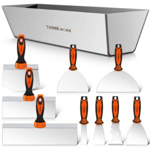 thinkwork drywall knife set, 10pcs drywall tools finishing includes stainless steel putty knife set, taping knife, painter scraper, 14" drywall mud pan and mud scoop, spackle tool kit for drywall work