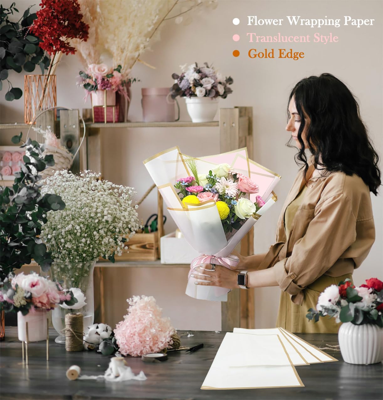 Unarty 20 Sheets White Flower Wrapping Paper, Waterproof Bouquet Wrapping Paper with Gold Edge, Floral Wrapping Paper Florist Bouquet Supplies for Flower Shop 22.8 x 22.8 Inch