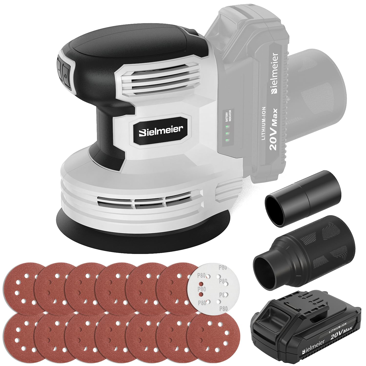 Bielmeier 20V Cordless Random Orbital Sander Kit with Vacuum Attachment,2.0Ah Battery,6 Variable Speed Electric Hand Sander with 15-Piece Hook & Loop Sandpaper for Woodworking Sanding