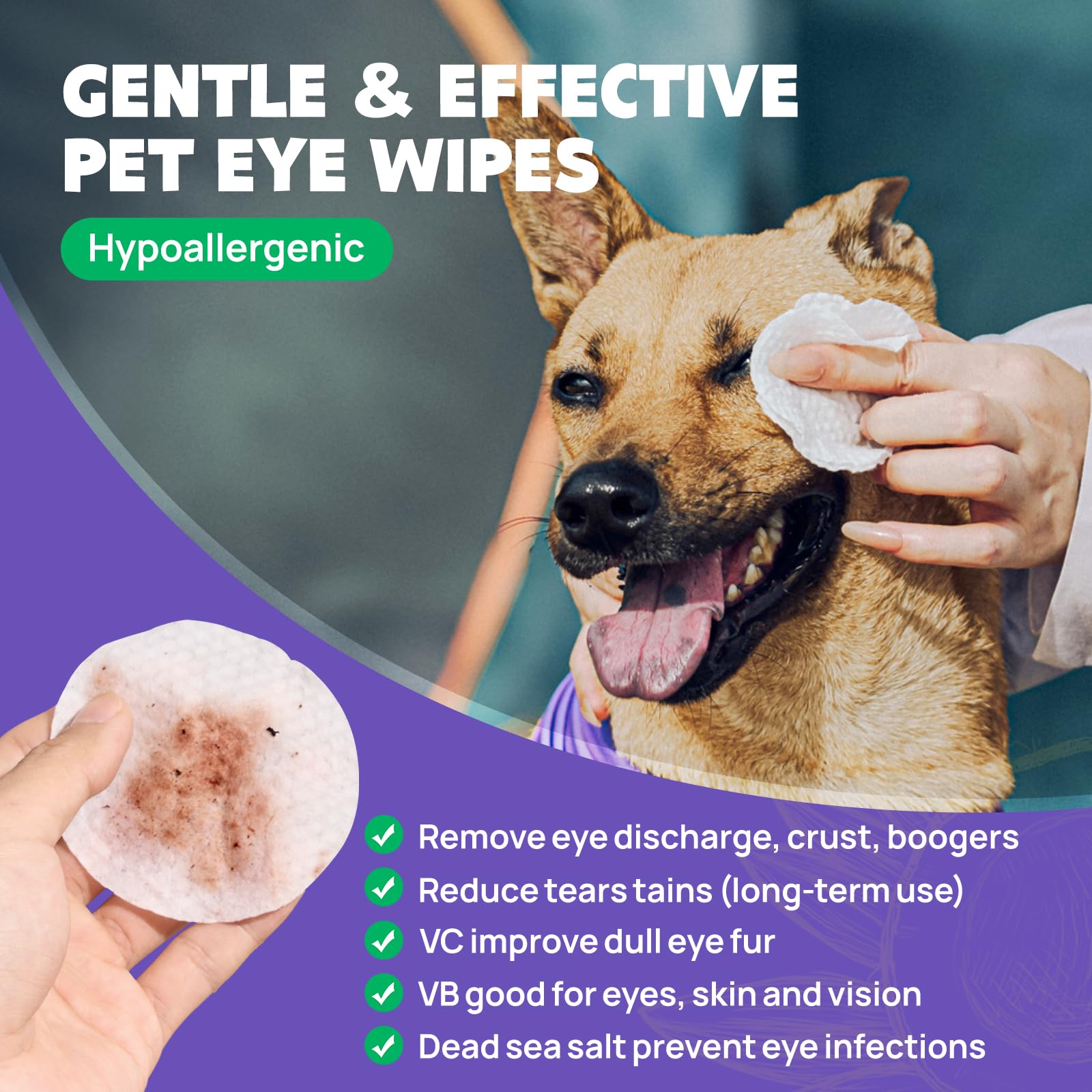 HICC PET Eyes Wipes for Dogs & Cats - Gently Remove Tear Stain, Eye Debris, Discharge, Mucus Secretions - Coconut Oil Pet Cleaning Grooming Deodorizing Wipes for Eyes, Wrinkle, Face - 100pcs