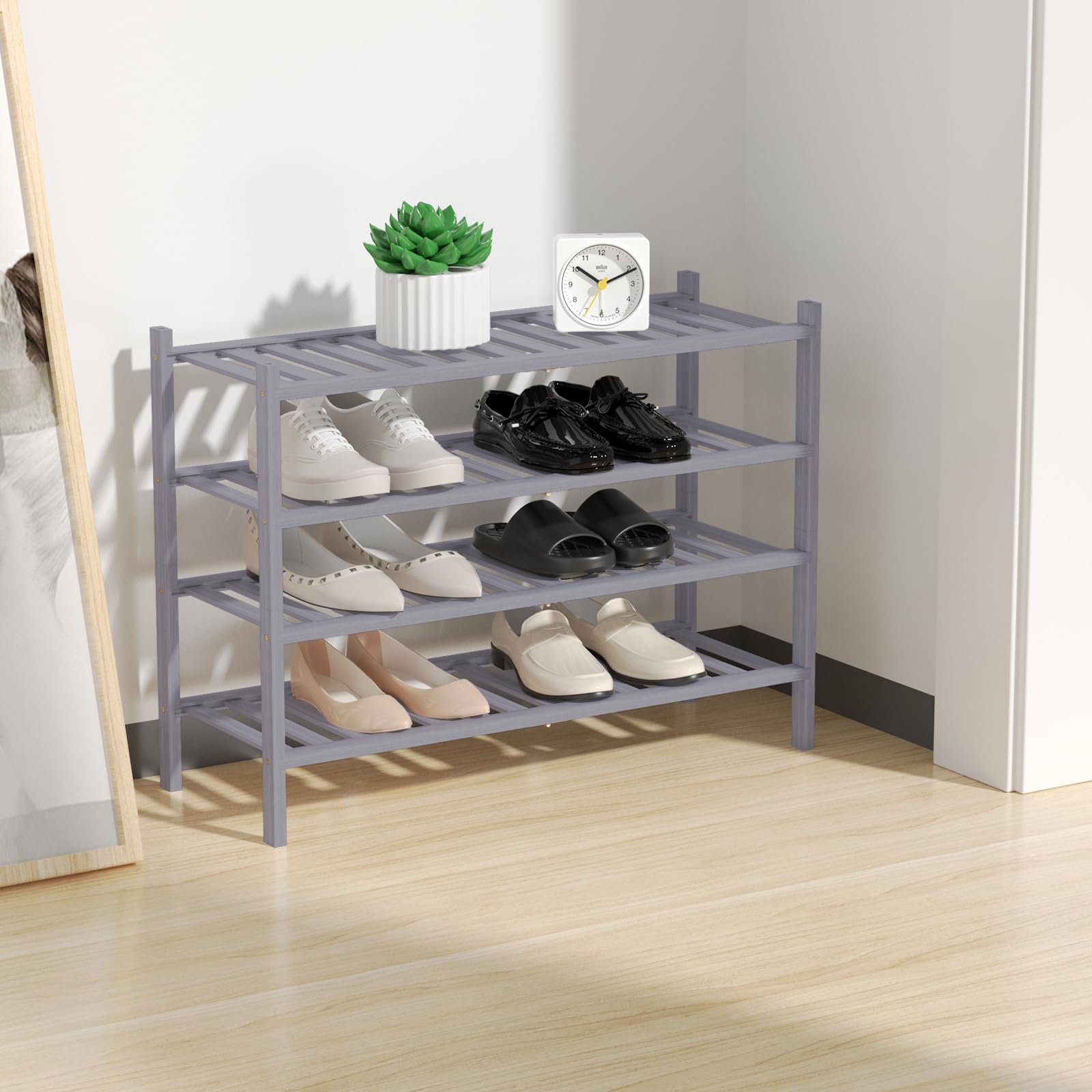 RONGJIA 4-Tier Natural Bamboo Shoe Rack - Stackable Storage Shelf with Multi-Function Combinations - Free Standing Shoe Racks for Convenient Shoe Organization（Gray） 11" D x 27" W x 28" H