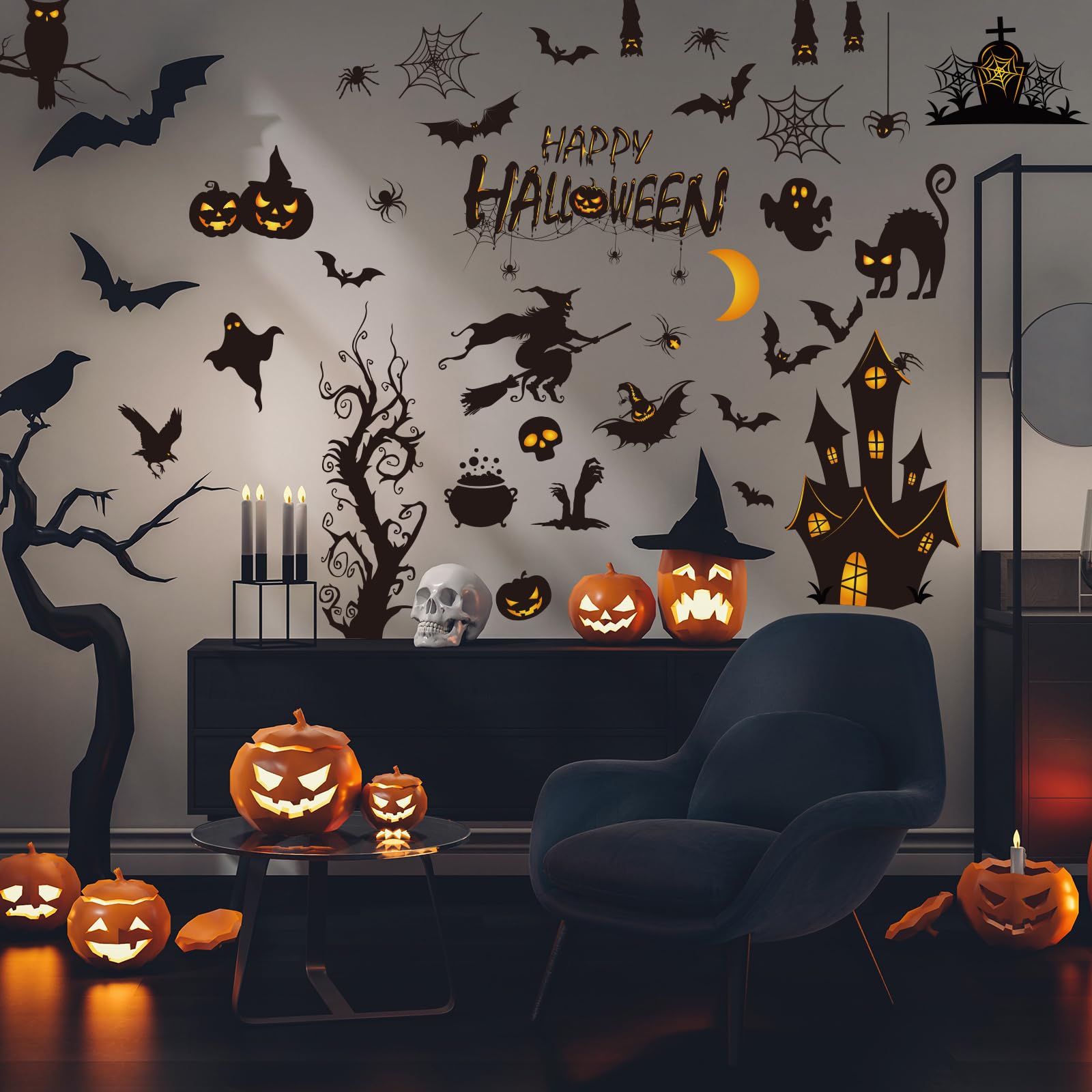 AnyDesign Halloween Wall Decals Bats Ancient Castle Wall Stickers Halloween Removable DIY Wall Art Stickers for Halloween Home Classroom Birthday Party Decoration, 11.8 x 13.8 Inch, 6 Sheets