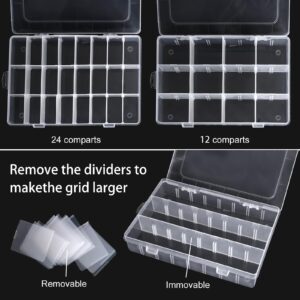 2 Pack 24 Grids Clear Plastic Organizer Box, Storage Container with Adjustable Divider, Craft and Bead Storage Organizer Box for DIY Crafts Jewelry Fishing Tackles with 1 Sheets Label Stickers