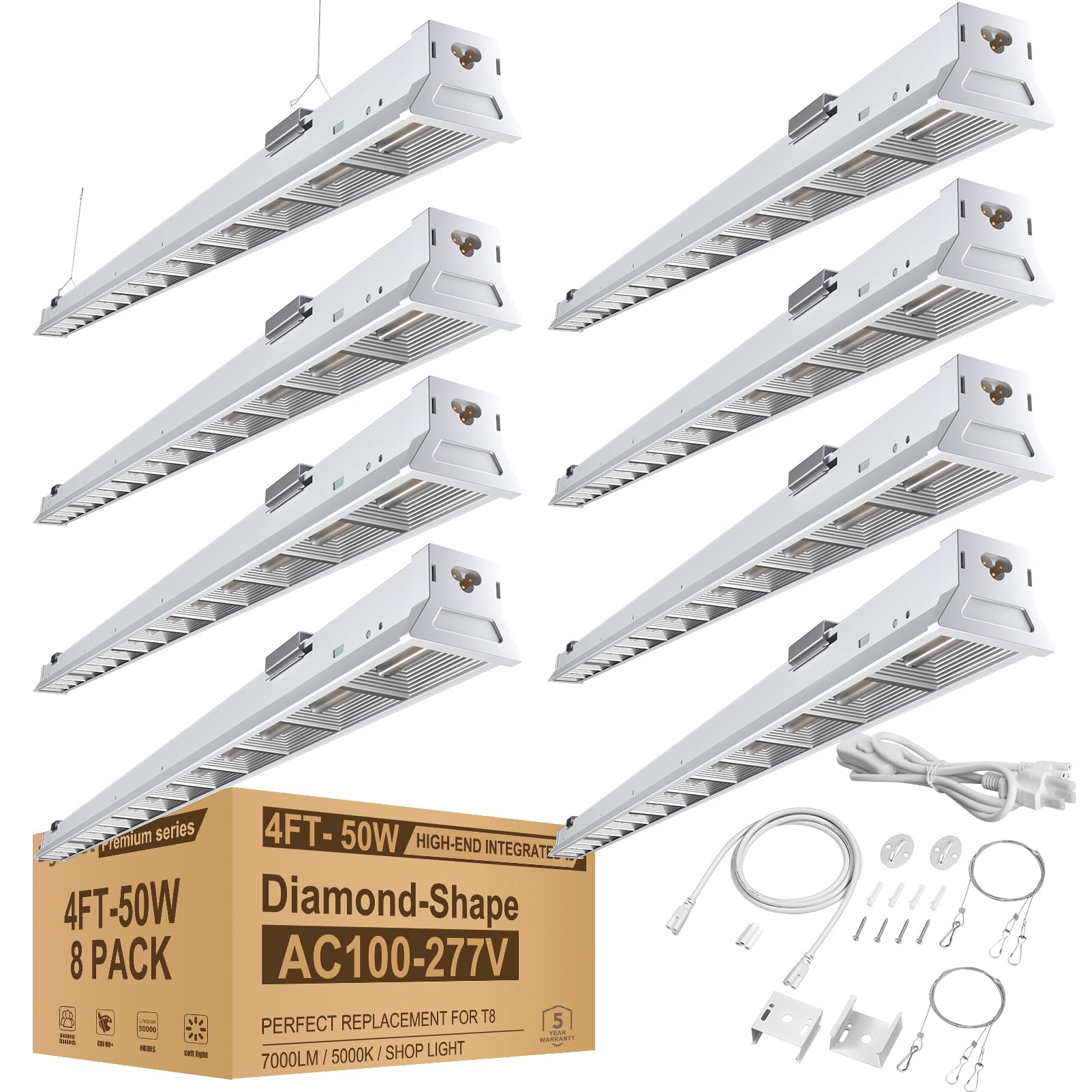 Lightdot 4FT LED High Bay Shop Light, 100-277V【Driver Equipped, 5 Years】 50W 7000LM [Eqv. 280W MH/HPS] 5000K 4' LED Shop Lights for Workshop Garage White-8Pack