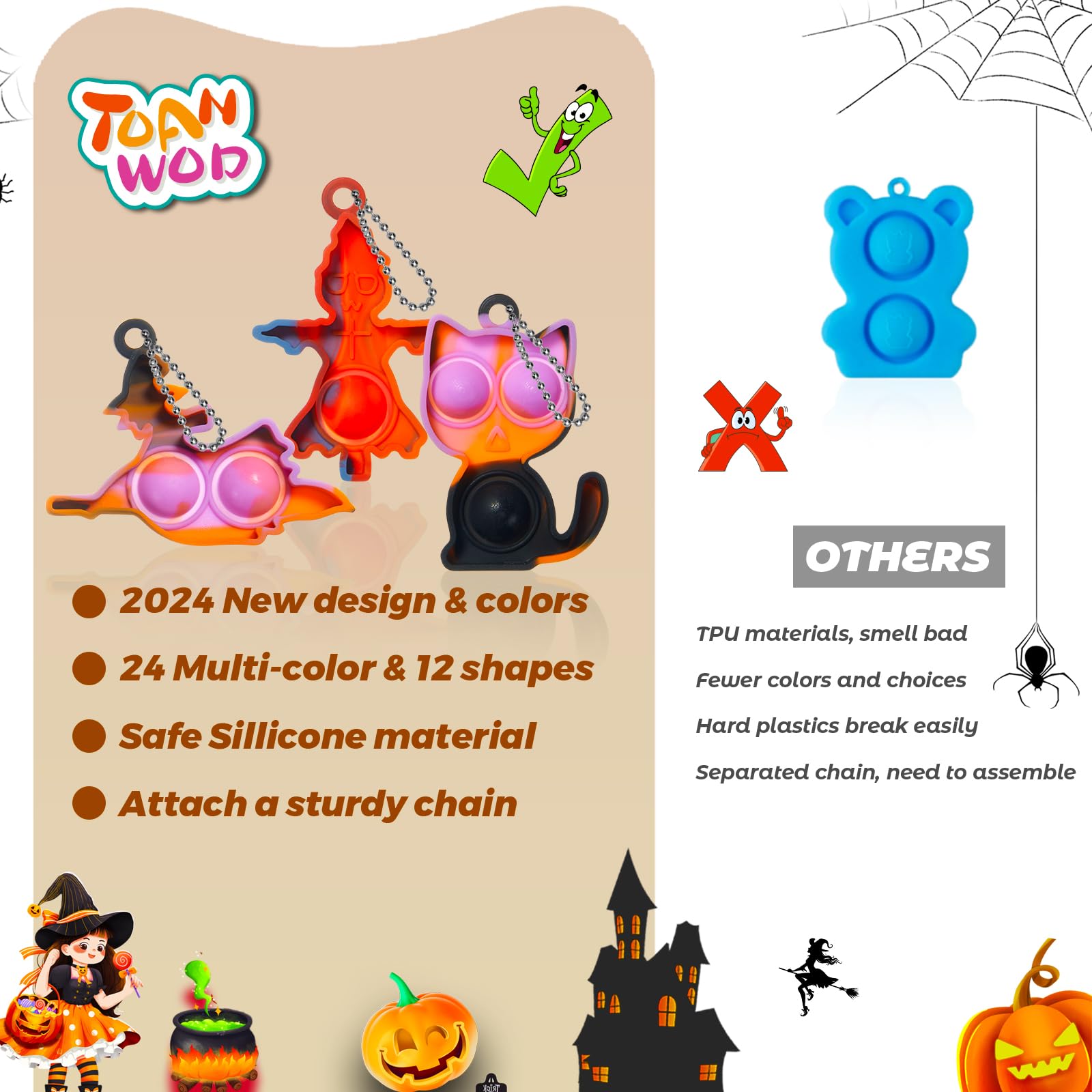 TOANWOD 48 PCS Halloween Party Favors Mini Fidget Pop Keychain: Halloween Toys Bulk Cheap - Trick or Treat Toys Non Candy - Goody Bag Stuffers for Kids Classroom School Prizes (24Keychains + 24Cards)