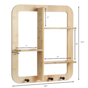 Proman Products Fiji Wall Mounted Bamboo Floating Shelves, Book Shelves, Storage Shelves Organizer with Hooks Clothes Hat Bag for Living Room, Bathroom, EntryWay (Natural)