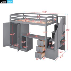 Gray Twin Size Loft Bed with Stairs and Desk, Wooden Twin Loft Bed with Wardrobe and Storage Drawers, High Loft Bed Frame for Kids, Teens, Adults Boys & Girls, Loft Bed Twin with Storage