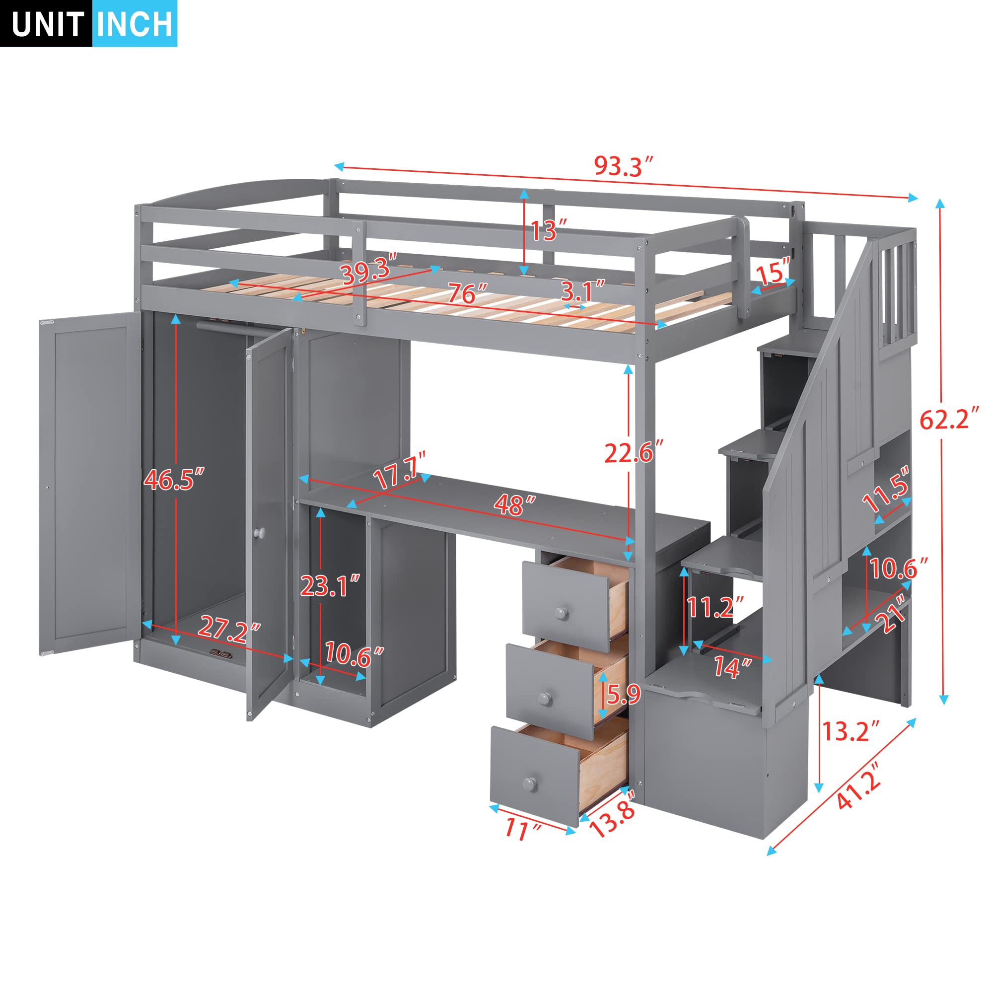 Gray Twin Size Loft Bed with Stairs and Desk, Wooden Twin Loft Bed with Wardrobe and Storage Drawers, High Loft Bed Frame for Kids, Teens, Adults Boys & Girls, Loft Bed Twin with Storage