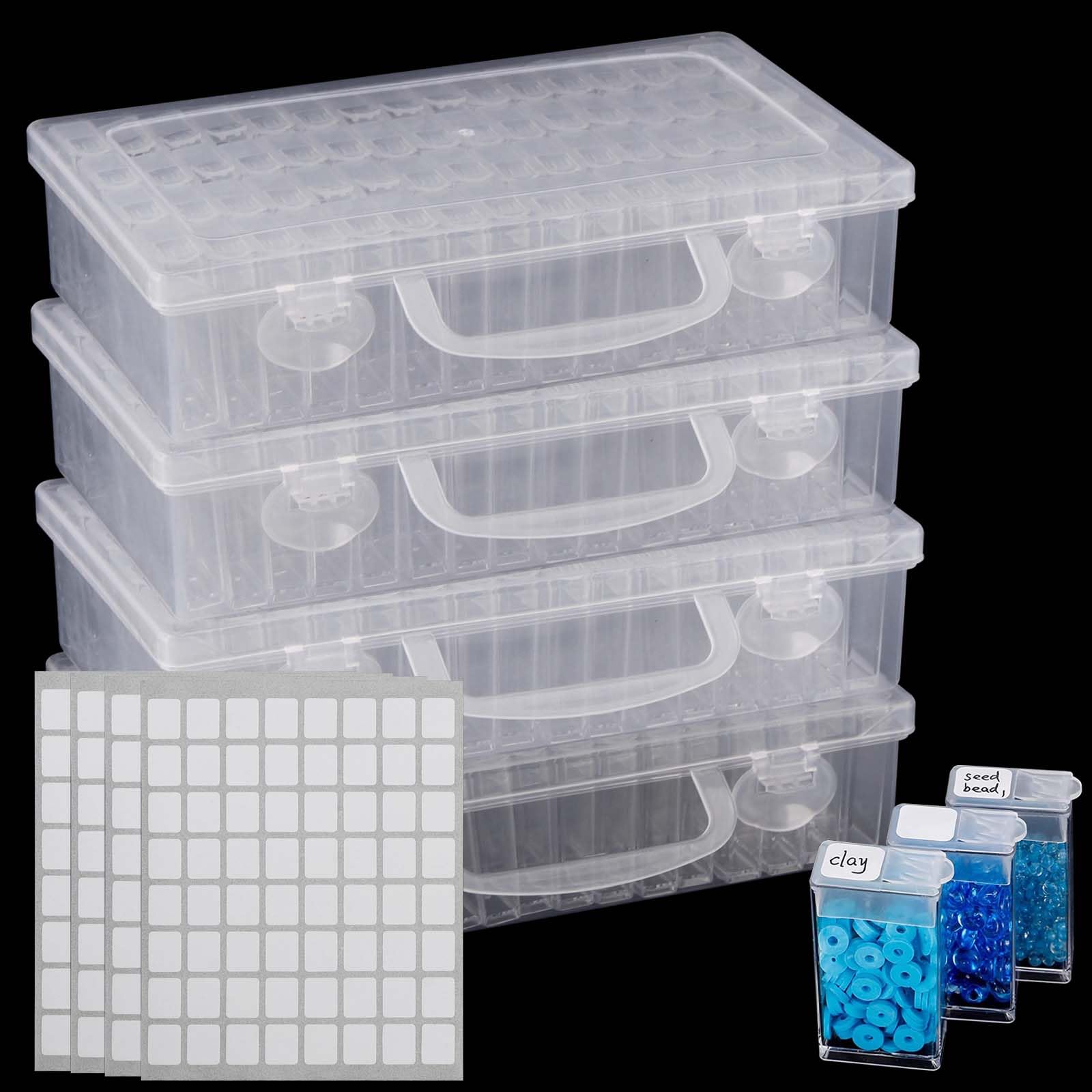 MUKLEI 4 Pack 64 Grids Diamond Art Storage, Diamond Art Storage Containers, Bead Organizer with Diamond Painting Accessories Stickers, Beads Organizer for DIY Art Craft Storage