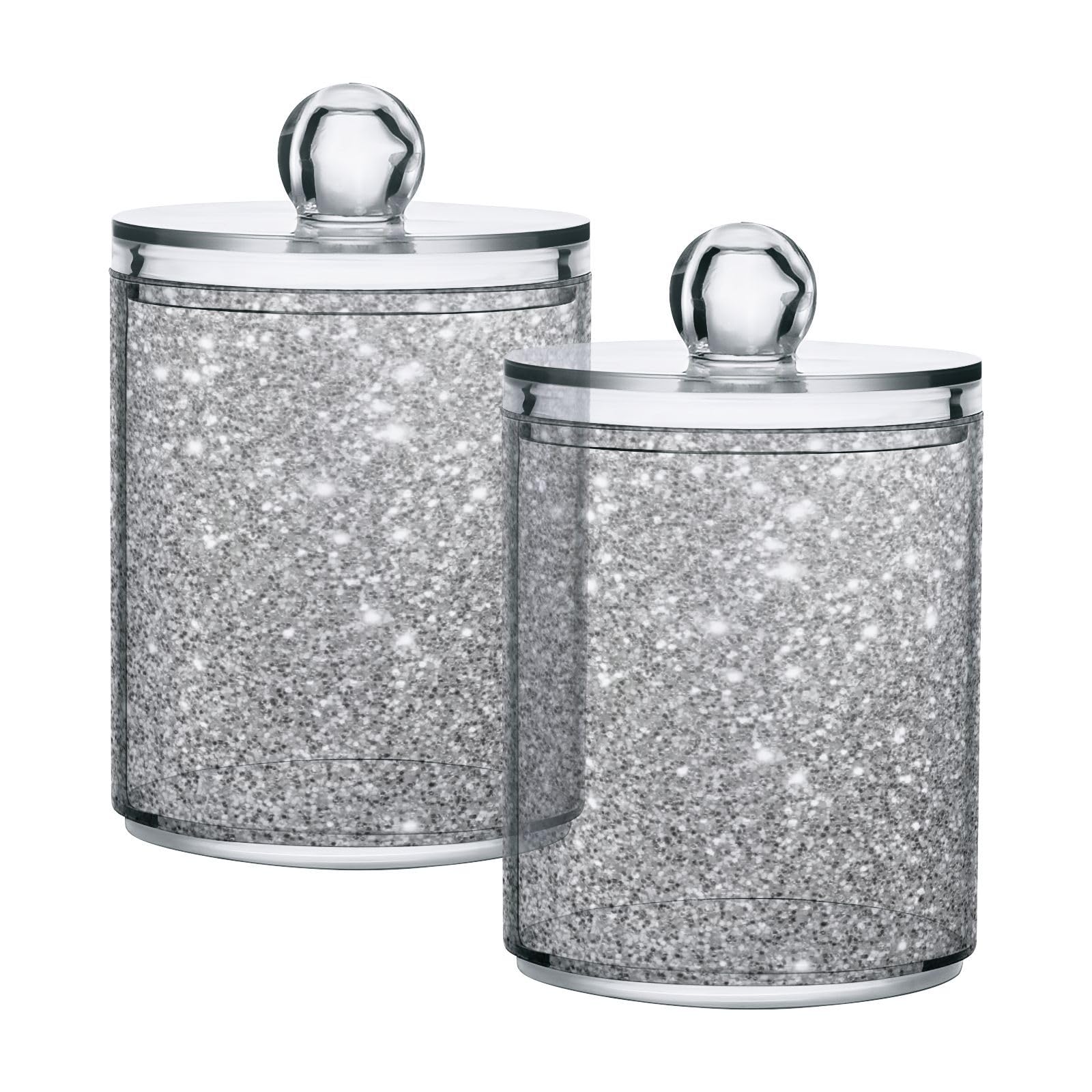 Silver White Glitter Qtip Holder Dispenser Flash Gradient Sparkle Bathroom Canister Storage Organization 2 Pack Clear Plastic Apothecary Jars with Lids Vanity Makeup Organizer For Cotton Swab Ball F