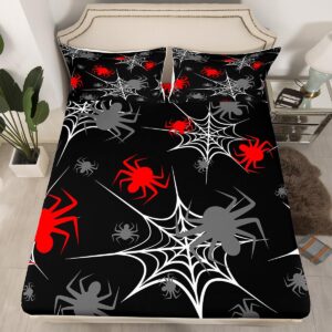 Red Black White Cobweb Sheet Set Full Size, Scary Halloween Decorations Bed Sheets Set Scary Spider Sheets with Deep Pocket Fitted Sheet Kids Toddler Red Black Gray Animal Bedding Set 4Pcs