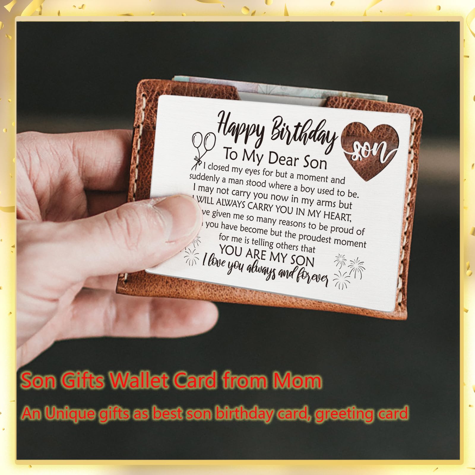 YODOCAMP Happy Birthday Son Gifts, Son Birthday Card from Mom, Metal Engraved Greeting Card for Son Birthday, Son Wallet Insert Card from Parents