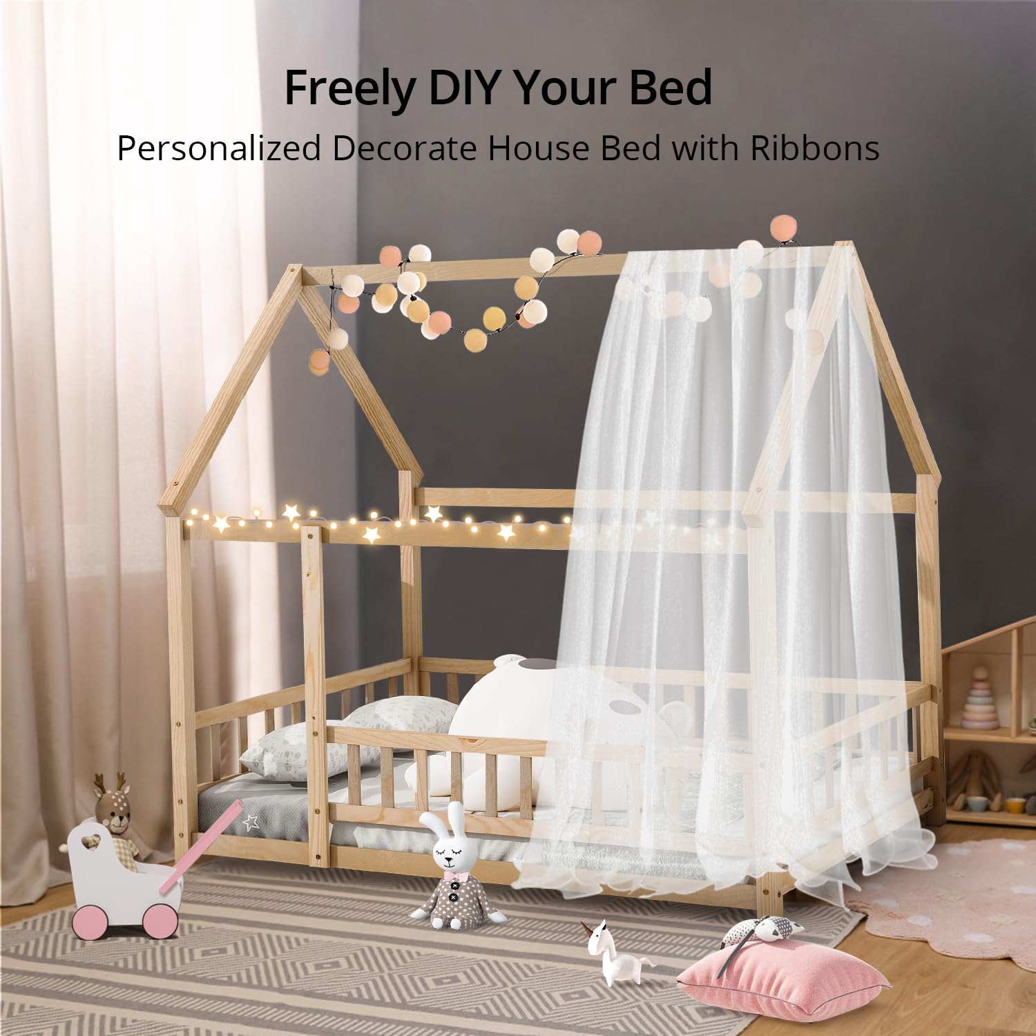 LLS Twin Size House Bed for Children Solid Wood Floor Bed Frame with Fence Guardrails and Roof Montessori Bed Playhouse Bed for Children Girls and Boys, Natural(No Bed Slats)